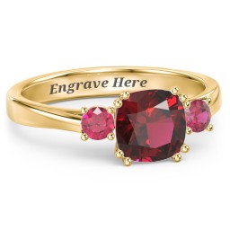 3 Stone Cushion Cut Duchess Ring in 18K Gold Plated Silver with Red Premium Zirconia and Ruby