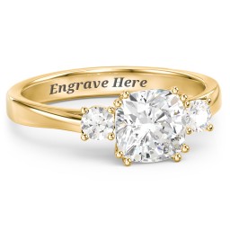 3 Stone Cushion Cut Duchess Ring in 18K Gold Plated Silver with White Premium Zirconia and Cubic Zirconia