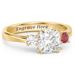 3 Stone Cushion Cut Duchess Ring in 18K Gold Plated Silver with White Premium Zirconia, Cubic Zirconia, and Garnet