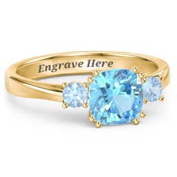 3 Stone Cushion Cut Duchess Ring in 18K Gold Plated Silver with Blue Topaz