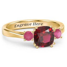 3 Stone Cushion Cut Duchess Ring in 18K Gold Plated Silver with Red Premium Zirconia and Ruby