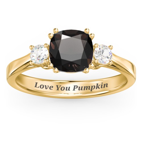 3 Stone Cushion Cut Duchess Ring – 18K Gold Plated Silver with Smokey Quartz and Cubic Zirconia