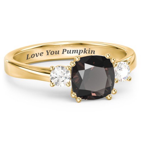 3 Stone Cushion Cut Duchess Ring – 18K Gold Plated Silver with Smokey Quartz and Cubic Zirconia