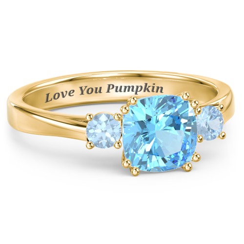 3 Stone Cushion Cut Duchess Ring – 18K Gold Plated Silver with Blue Topaz