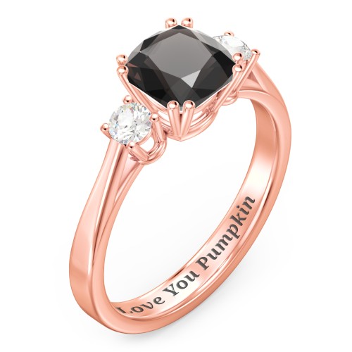 3 Stone Cushion Cut Duchess Ring – 10K Rose Gold with Smokey Quartz and Cubic Zirconia