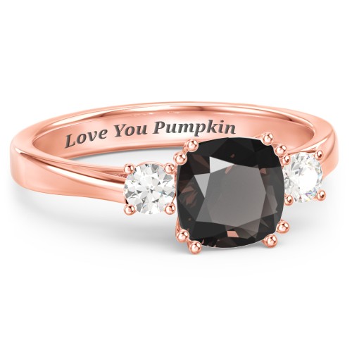 3 Stone Cushion Cut Duchess Ring – 10K Rose Gold with Smokey Quartz and Cubic Zirconia