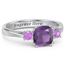 3 Stone Cushion Cut Duchess Ring in 925 Sterling Silver with Amethyst
