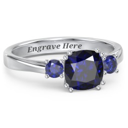 3 Stone Cushion Cut Duchess Ring in 925 Sterling Silver with Blue Sapphire