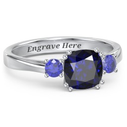 3 Stone Cushion Cut Duchess Ring in 925 Sterling Silver with Blue Sapphire