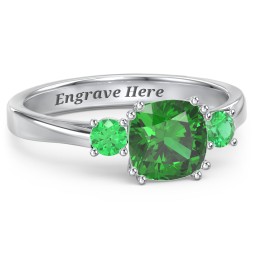3 Stone Cushion Cut Duchess Ring in 925 Sterling Silver with Green Premium Zirconia and Emerald