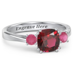 3 Stone Cushion Cut Duchess Ring in 925 Sterling Silver with Red Premium Zirconia and Ruby