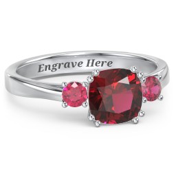 3 Stone Cushion Cut Duchess Ring in 925 Sterling Silver with Red Premium Zirconia and Ruby