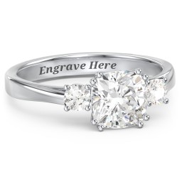 3 Stone Cushion Cut Duchess Ring in 925 Sterling Silver with White Premium Zirconia and Cubic Zirconia