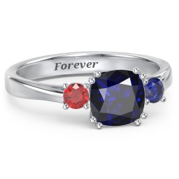 3 Stone Cushion Cut Duchess Ring in 925 Sterling Silver with Blue Sapphire and Garnet