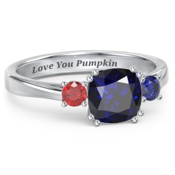 3 Stone Cushion Cut Duchess Ring in 925 Sterling Silver with Blue Sapphire and Garnet