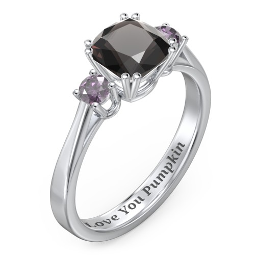 3 Stone Cushion Cut Duchess Ring – Sterling Silver with Smokey Quartz and Alexandrite