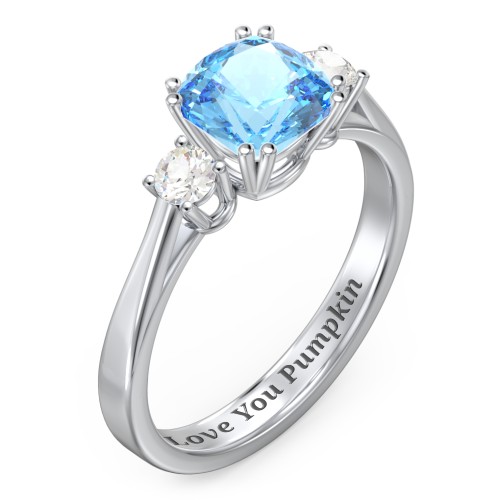 3 Stone Cushion Cut Duchess Ring – Sterling Silver with Blue Topaz and Cubic Zirconia