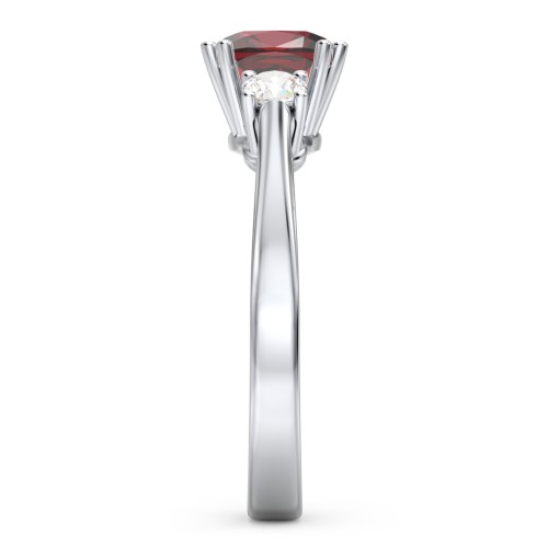 3 Stone Cushion Cut Duchess Ring – Sterling Silver with Red Premium Zirconia and Cubic Zirconia