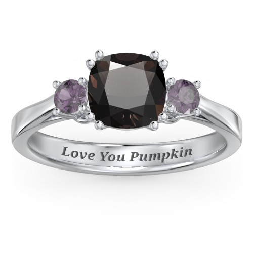 3 Stone Cushion Cut Duchess Ring – Sterling Silver with Smokey Quartz and Alexandrite
