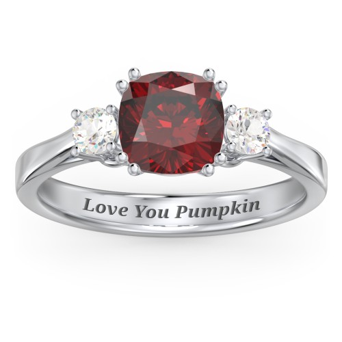 3 Stone Cushion Cut Duchess Ring – Sterling Silver with Red Premium Zirconia and Cubic Zirconia