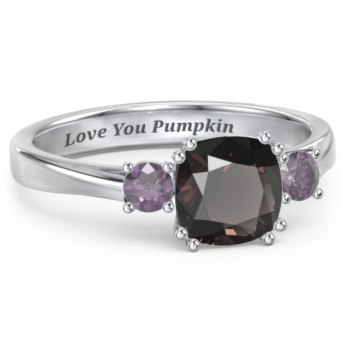 3 Stone Cushion Cut Duchess Ring – Sterling Silver with Smokey Quartz and Alexandrite