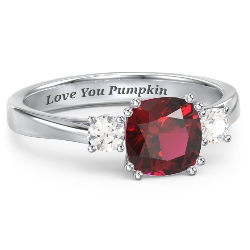 3 Stone Cushion Cut Duchess Ring – Sterling Silver with Red Premium Zirconia and Cubic Zirconia
