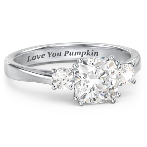 3 Stone Cushion Cut Duchess Ring – Sterling Silver with White Premium Zirconia and Cubic Zirconia