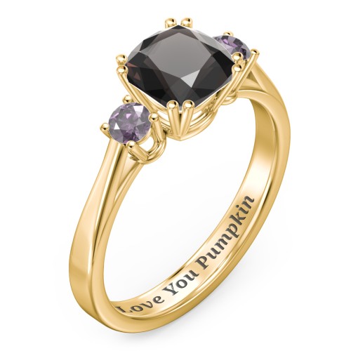 3 Stone Cushion Cut Duchess Ring – 10K Yellow Gold with Smokey Quartz and Alexandrite