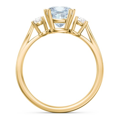3 Stone Cushion Cut Duchess Ring – 10K Yellow Gold with Aquamarine and Cubic Zirconia