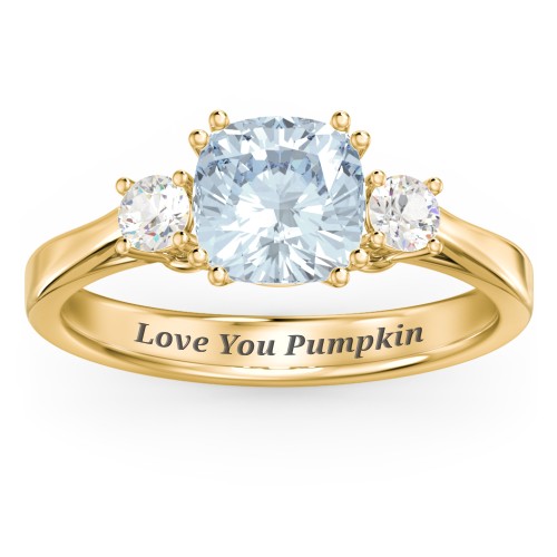3 Stone Cushion Cut Duchess Ring – 10K Yellow Gold with Aquamarine and Cubic Zirconia
