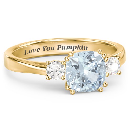 3 Stone Cushion Cut Duchess Ring – 10K Yellow Gold with Aquamarine and Cubic Zirconia