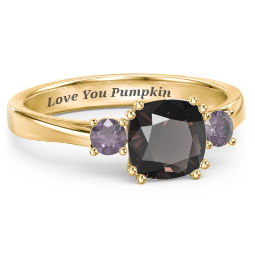 3 Stone Cushion Cut Duchess Ring – 10K Yellow Gold with Smokey Quartz and Alexandrite
