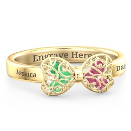 Adorable Bow Cage Ring in 10K Solid Yellow Gold with Emerald and Ruby