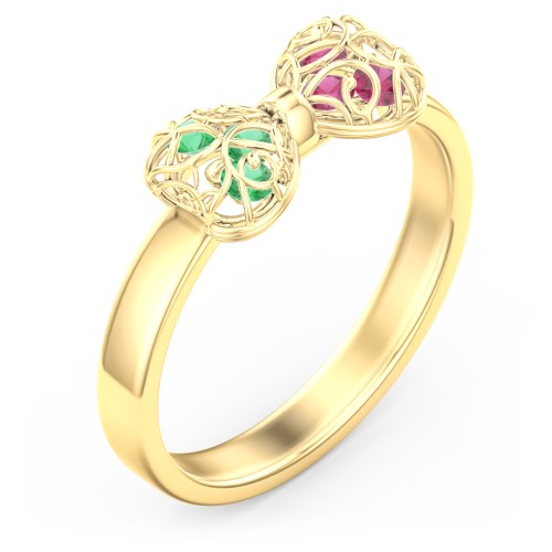 Adorable Bow Cage Ring – 10K Yellow Gold with Emerald and Ruby