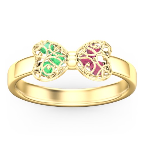 Adorable Bow Cage Ring – 10K Yellow Gold with Emerald and Ruby