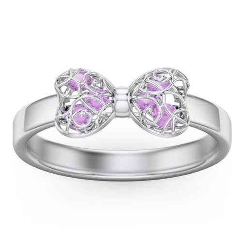 Adorable Bow Cage Ring – Sterling Silver with Amethyst