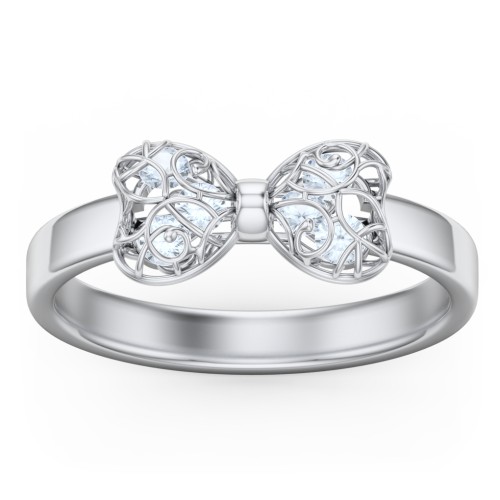 Adorable Bow Cage Ring – Sterling Silver with Aquamarine