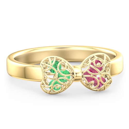 Adorable Bow Cage Ring – 10K Yellow Gold with Emerald and Ruby