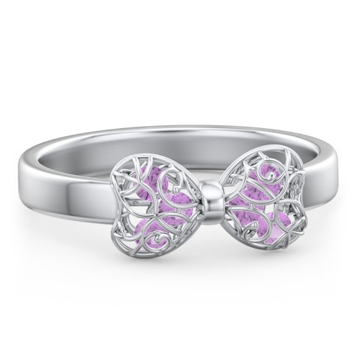 Adorable Bow Cage Ring – Sterling Silver with Amethyst