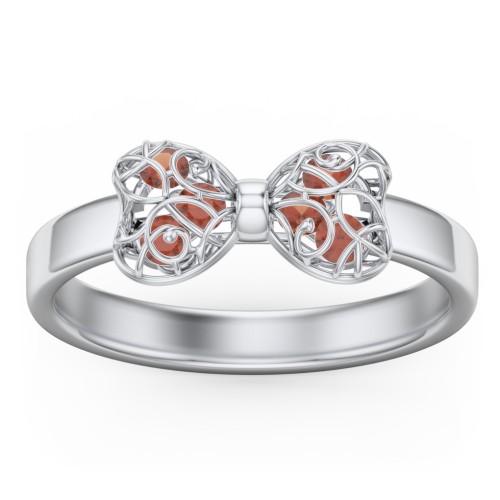 Adorable Bow Cage Ring – Sterling Silver with Garnet