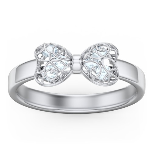 Adorable Bow Cage Ring – Sterling Silver with Aquamarine