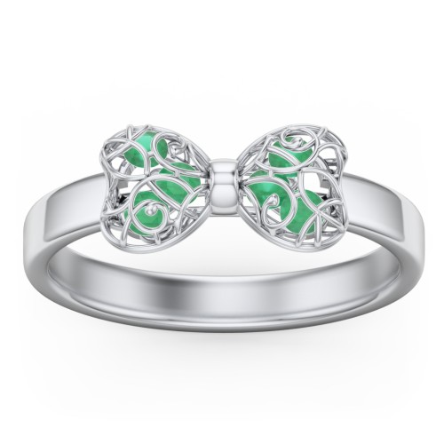 Adorable Bow Cage Ring – Sterling Silver with Emerald