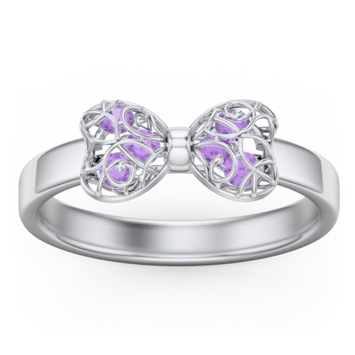Adorable Bow Cage Ring – Sterling Silver with Amethyst