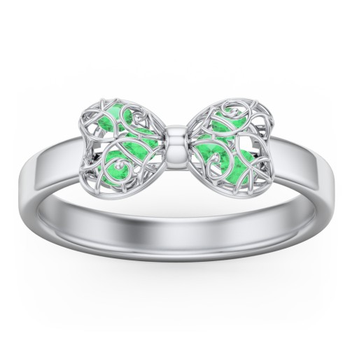 Adorable Bow Cage Ring – Sterling Silver with Emerald
