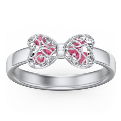Adorable Bow Cage Ring – Sterling Silver with Ruby
