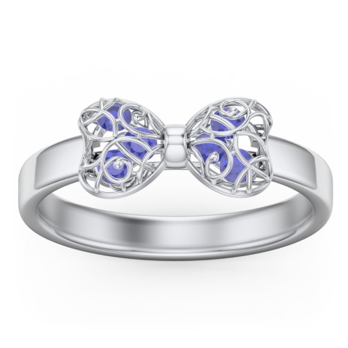 Adorable Bow Cage Ring – Sterling Silver with Blue Sapphire