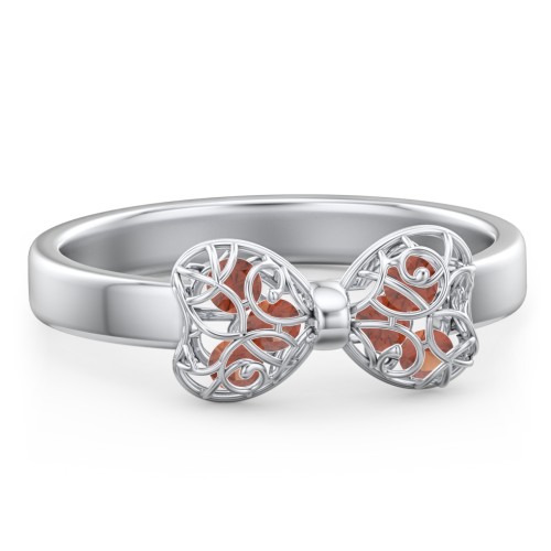 Adorable Bow Cage Ring – Sterling Silver with Garnet