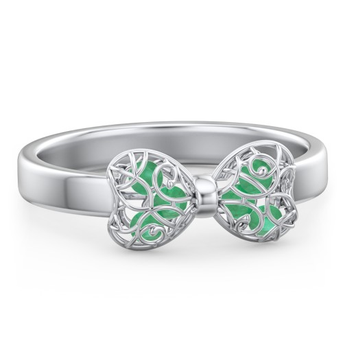 Adorable Bow Cage Ring – Sterling Silver with Emerald