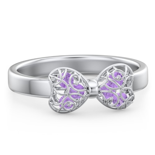 Adorable Bow Cage Ring – Sterling Silver with Amethyst