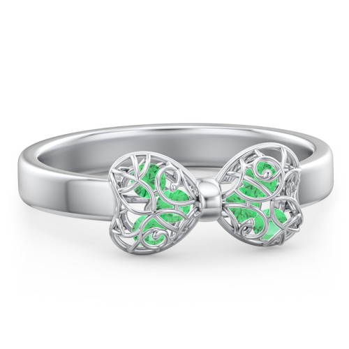 Adorable Bow Cage Ring – Sterling Silver with Emerald